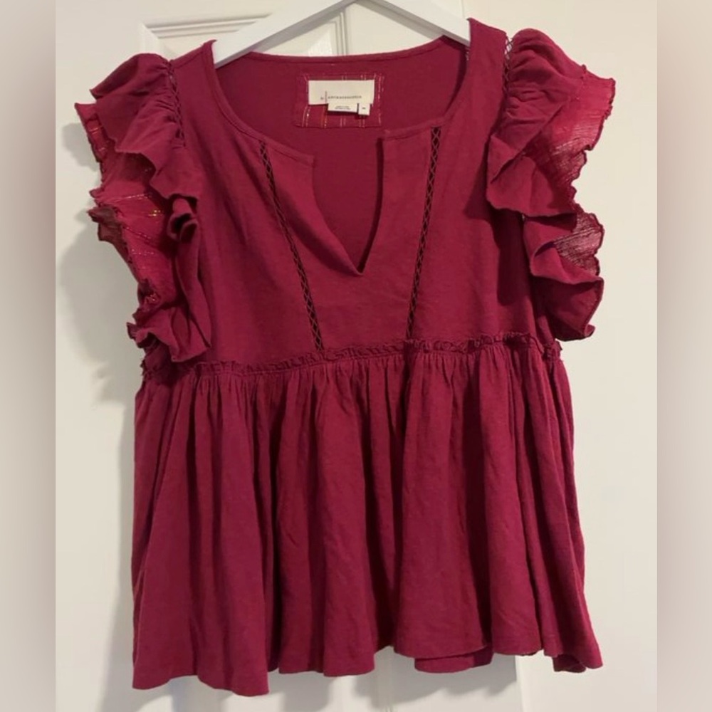 Anthropologie Deep Red Caroline Ruffled Babydoll Blouse